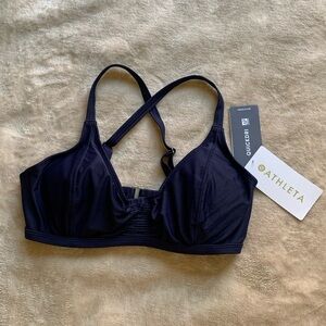 NWT Athleta Navy Quick Dri Smocked Bikini Swim Top size 34D/DD